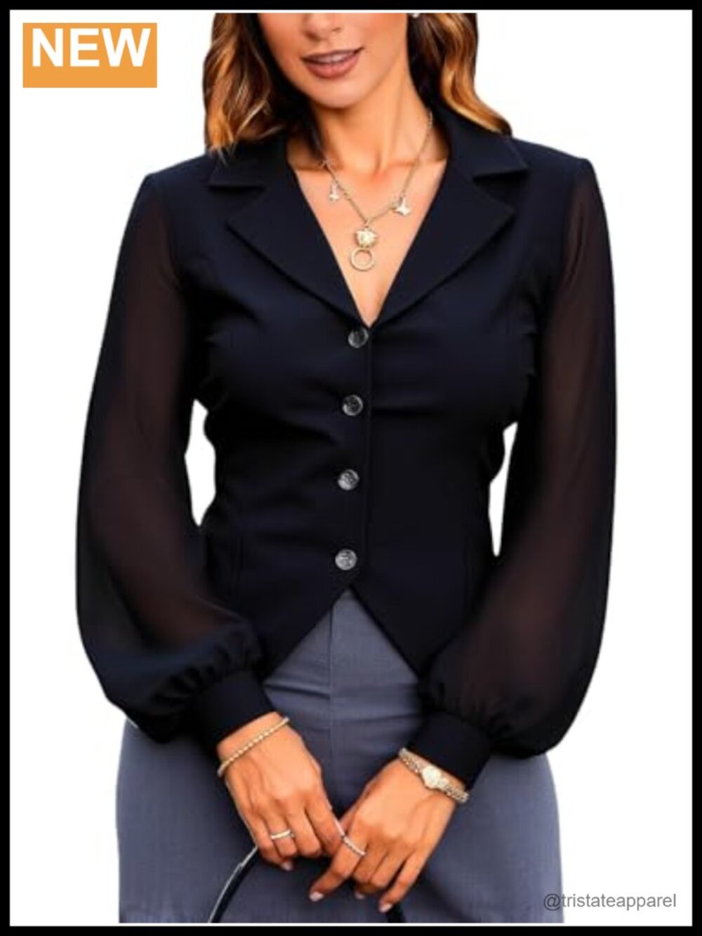 Women's Mesh Lantern Long Sleeve Button Down Collared Blouse